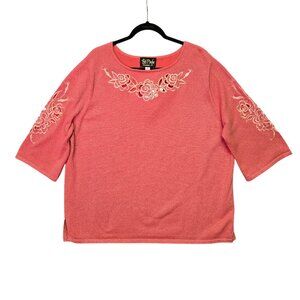 Bob Mackie Wearable Art Rose Embroidered Pink Shimmer 2X Blouse With 3/4 Sleeves